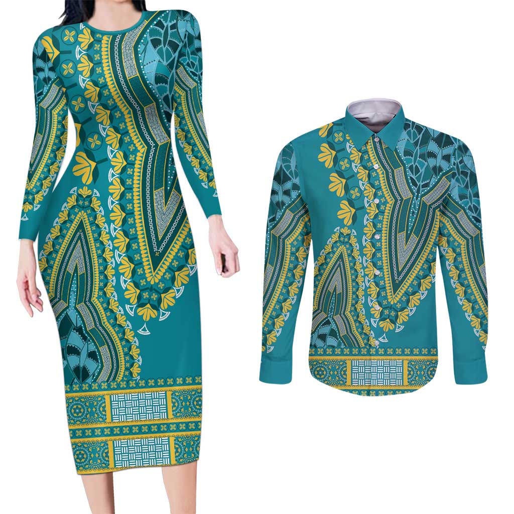 African Dashiki Couples Matching Long Sleeve Bodycon Dress and Long Sleeve Button Shirt Luxury Teal LT7 - Wonder Print Shop