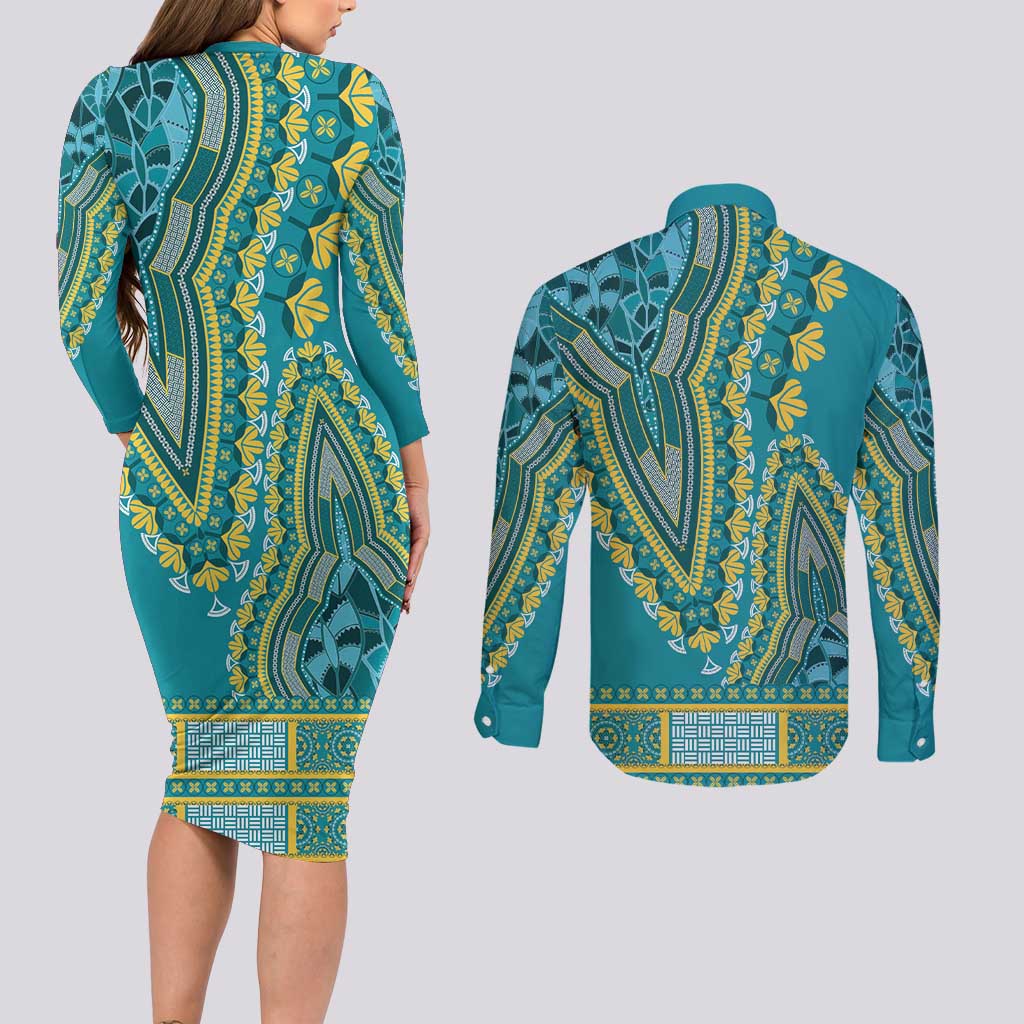 African Dashiki Couples Matching Long Sleeve Bodycon Dress and Long Sleeve Button Shirt Luxury Teal LT7 - Wonder Print Shop