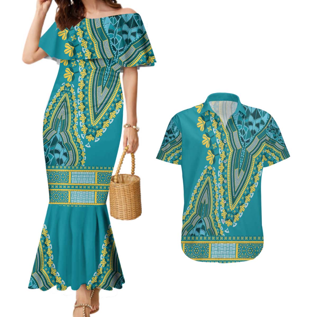 African Dashiki Couples Matching Mermaid Dress and Hawaiian Shirt Luxury Teal LT7 - Wonder Print Shop