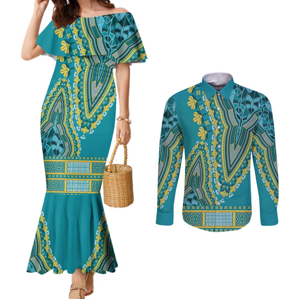 African Dashiki Couples Matching Mermaid Dress and Long Sleeve Button Shirt Luxury Teal