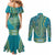 African Dashiki Couples Matching Mermaid Dress and Long Sleeve Button Shirt Luxury Teal