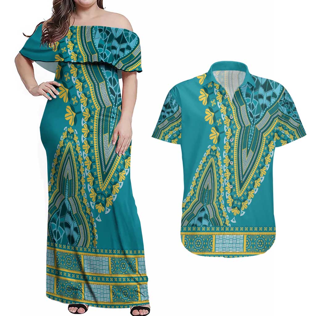 African Dashiki Couples Matching Off Shoulder Maxi Dress and Hawaiian Shirt Luxury Teal LT7 - Wonder Print Shop