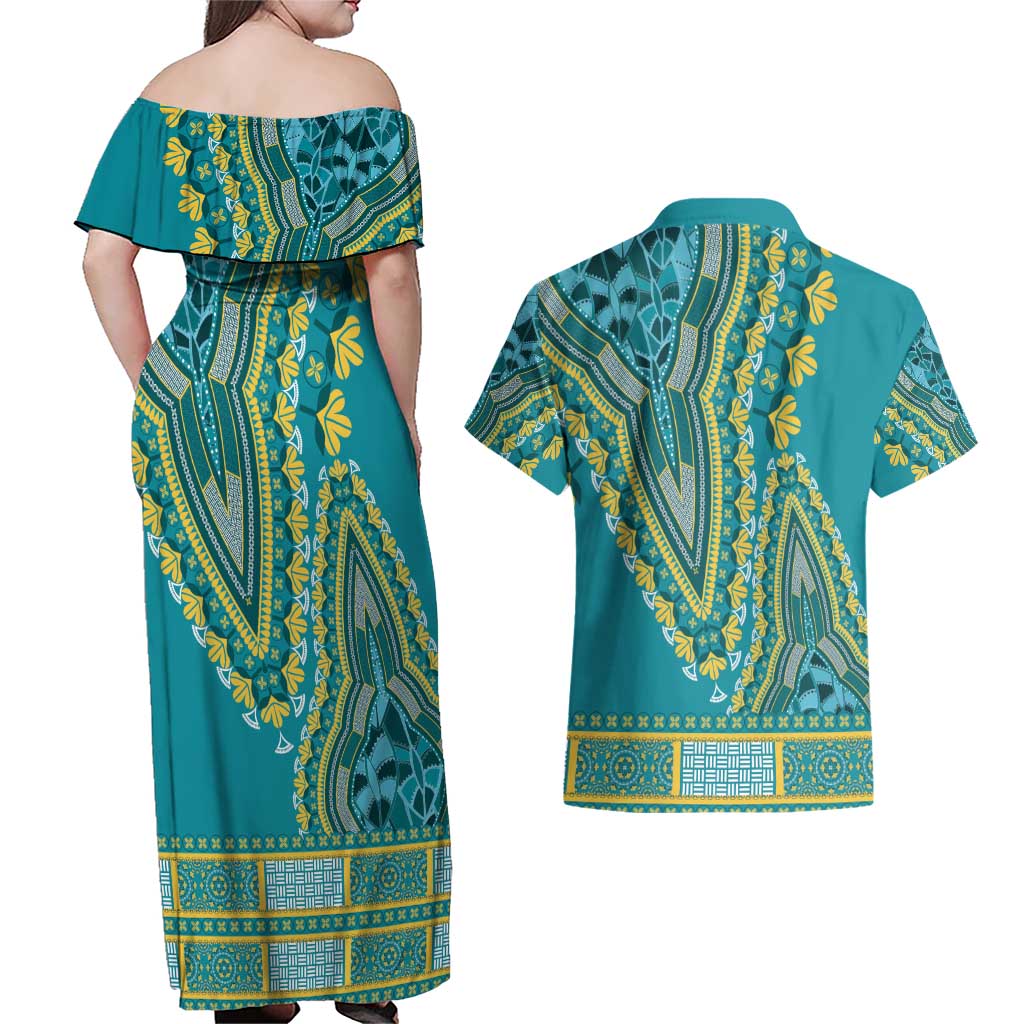 African Dashiki Couples Matching Off Shoulder Maxi Dress and Hawaiian Shirt Luxury Teal LT7 - Wonder Print Shop