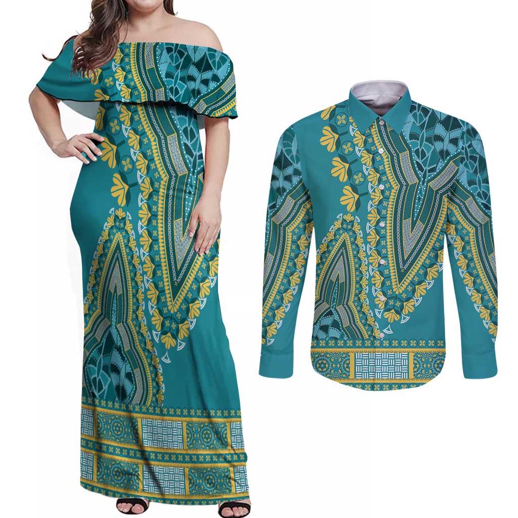 African Dashiki Couples Matching Off Shoulder Maxi Dress and Long Sleeve Button Shirt Luxury Teal LT7 - Wonder Print Shop