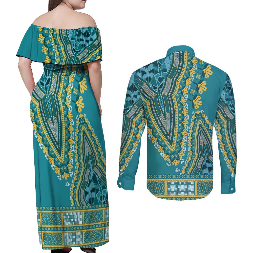 African Dashiki Couples Matching Off Shoulder Maxi Dress and Long Sleeve Button Shirt Luxury Teal LT7 - Wonder Print Shop