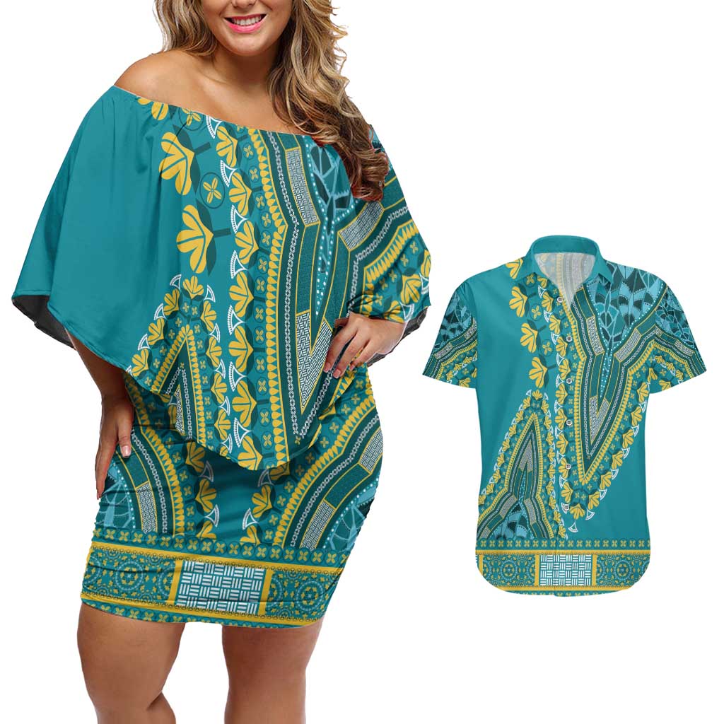 African Dashiki Couples Matching Off Shoulder Short Dress and Hawaiian Shirt Luxury Teal LT7 - Wonder Print Shop