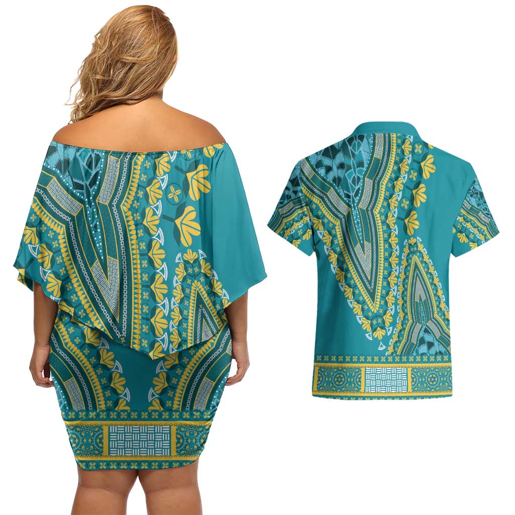 African Dashiki Couples Matching Off Shoulder Short Dress and Hawaiian Shirt Luxury Teal LT7 - Wonder Print Shop