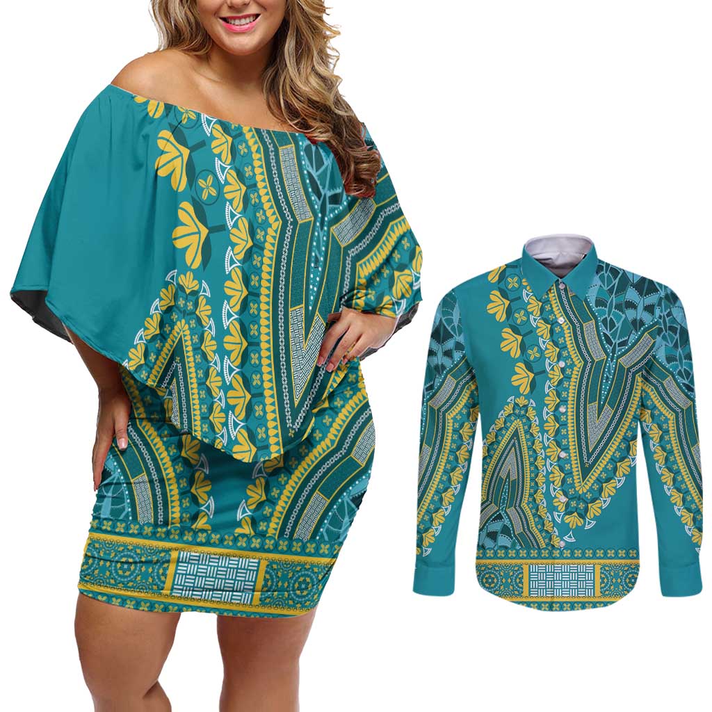 African Dashiki Couples Matching Off Shoulder Short Dress and Long Sleeve Button Shirt Luxury Teal LT7 - Wonder Print Shop