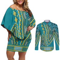 African Dashiki Couples Matching Off Shoulder Short Dress and Long Sleeve Button Shirt Luxury Teal LT7 - Wonder Print Shop