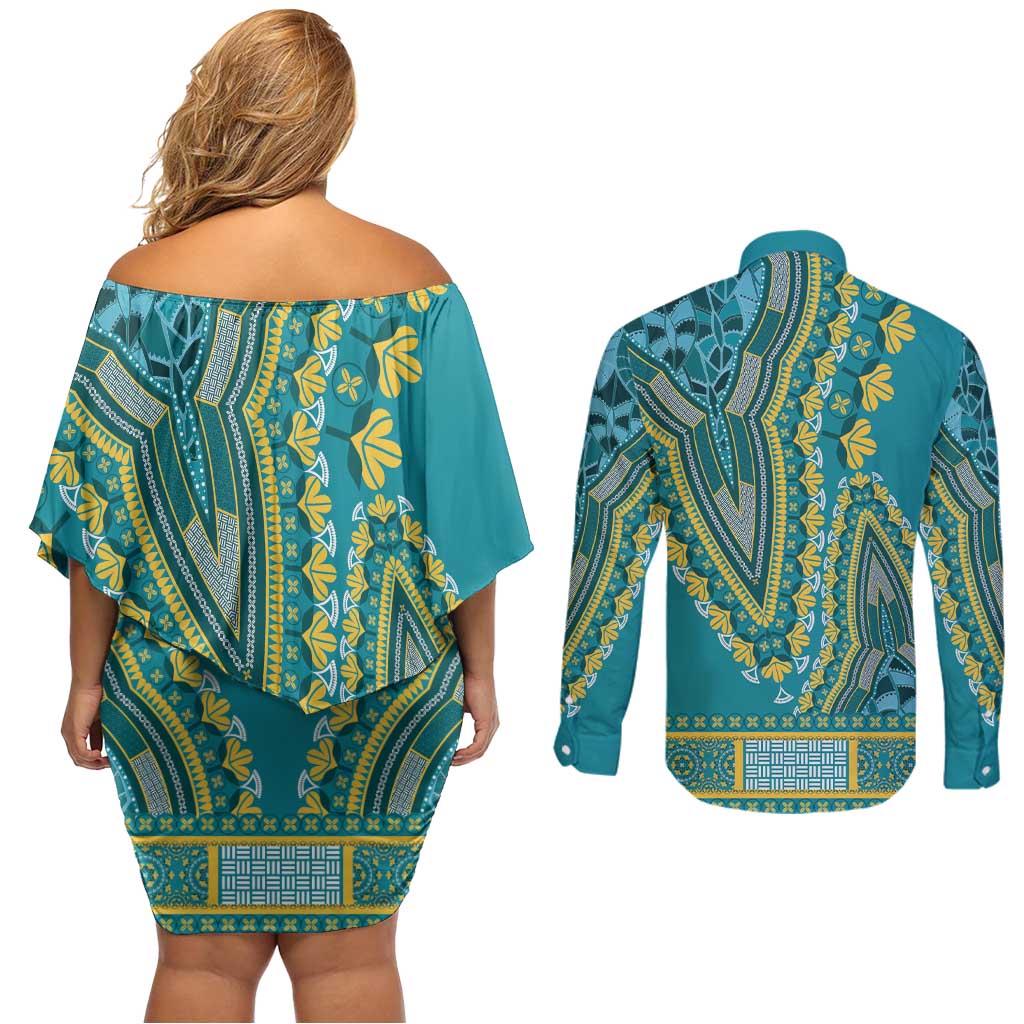 African Dashiki Couples Matching Off Shoulder Short Dress and Long Sleeve Button Shirt Luxury Teal LT7 - Wonder Print Shop