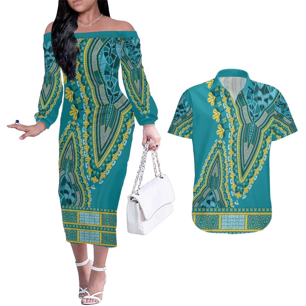 African Dashiki Couples Matching Off The Shoulder Long Sleeve Dress and Hawaiian Shirt Luxury Teal LT7 - Wonder Print Shop
