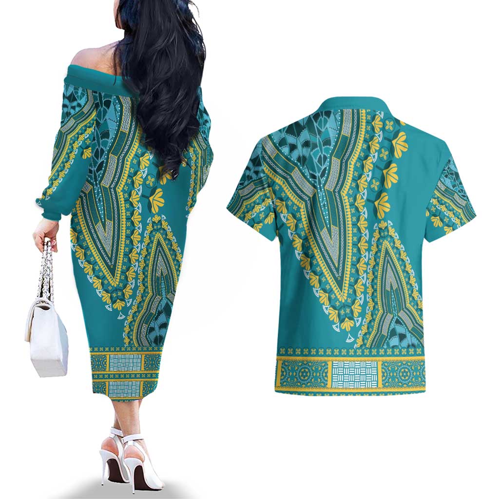 African Dashiki Couples Matching Off The Shoulder Long Sleeve Dress and Hawaiian Shirt Luxury Teal LT7 - Wonder Print Shop