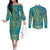 African Dashiki Couples Matching Off The Shoulder Long Sleeve Dress and Long Sleeve Button Shirt Luxury Teal