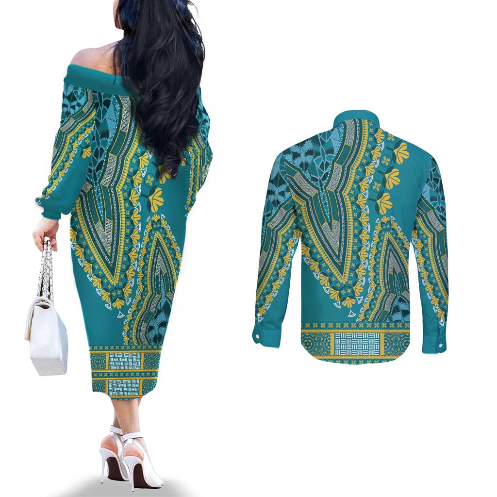 African Dashiki Couples Matching Off The Shoulder Long Sleeve Dress and Long Sleeve Button Shirt Luxury Teal