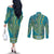 African Dashiki Couples Matching Off The Shoulder Long Sleeve Dress and Long Sleeve Button Shirt Luxury Teal