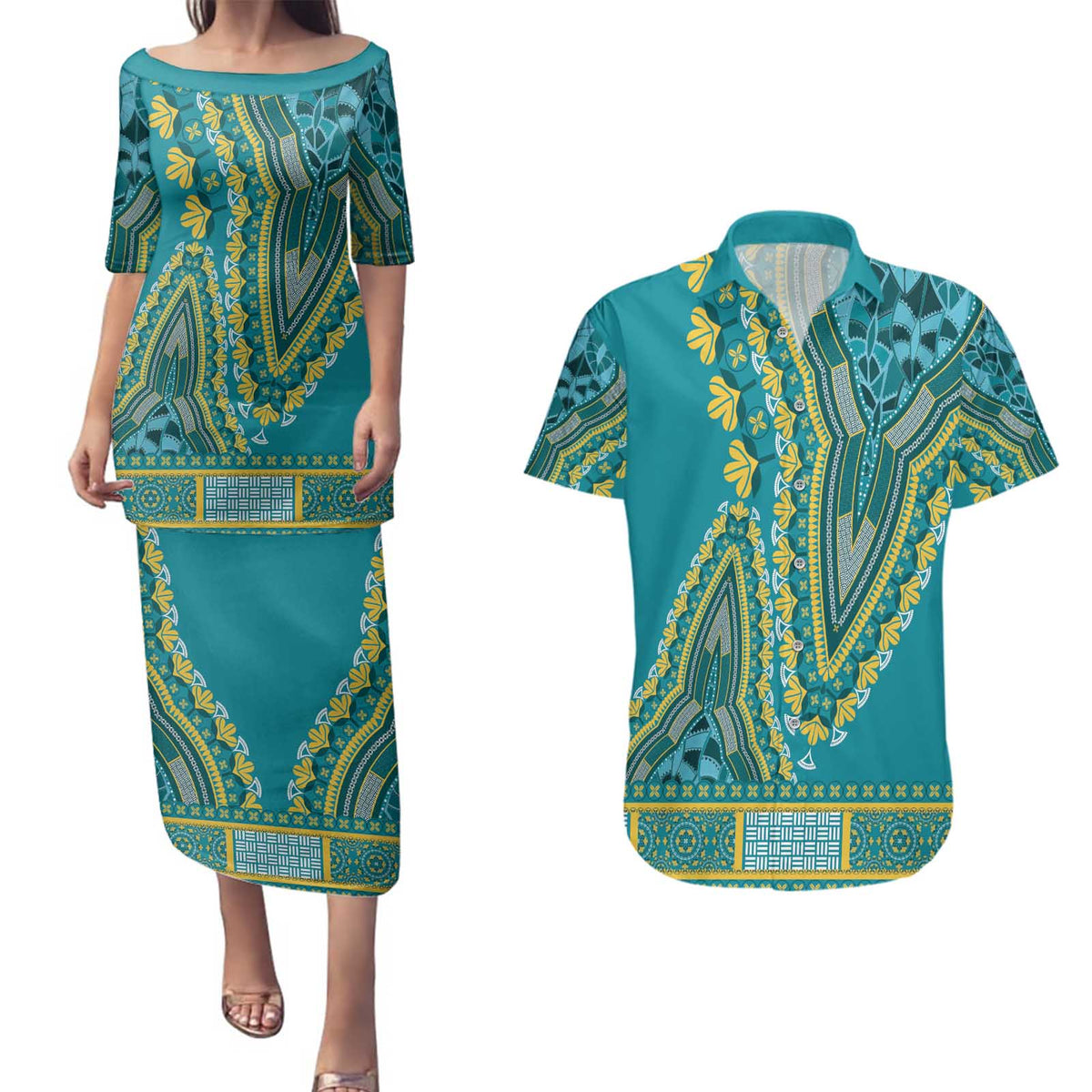 African Dashiki Couples Matching Puletasi and Hawaiian Shirt Luxury Teal LT7 - Wonder Print Shop