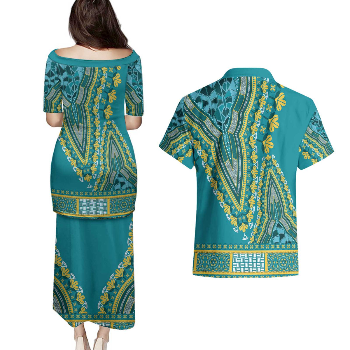 African Dashiki Couples Matching Puletasi and Hawaiian Shirt Luxury Teal LT7 - Wonder Print Shop