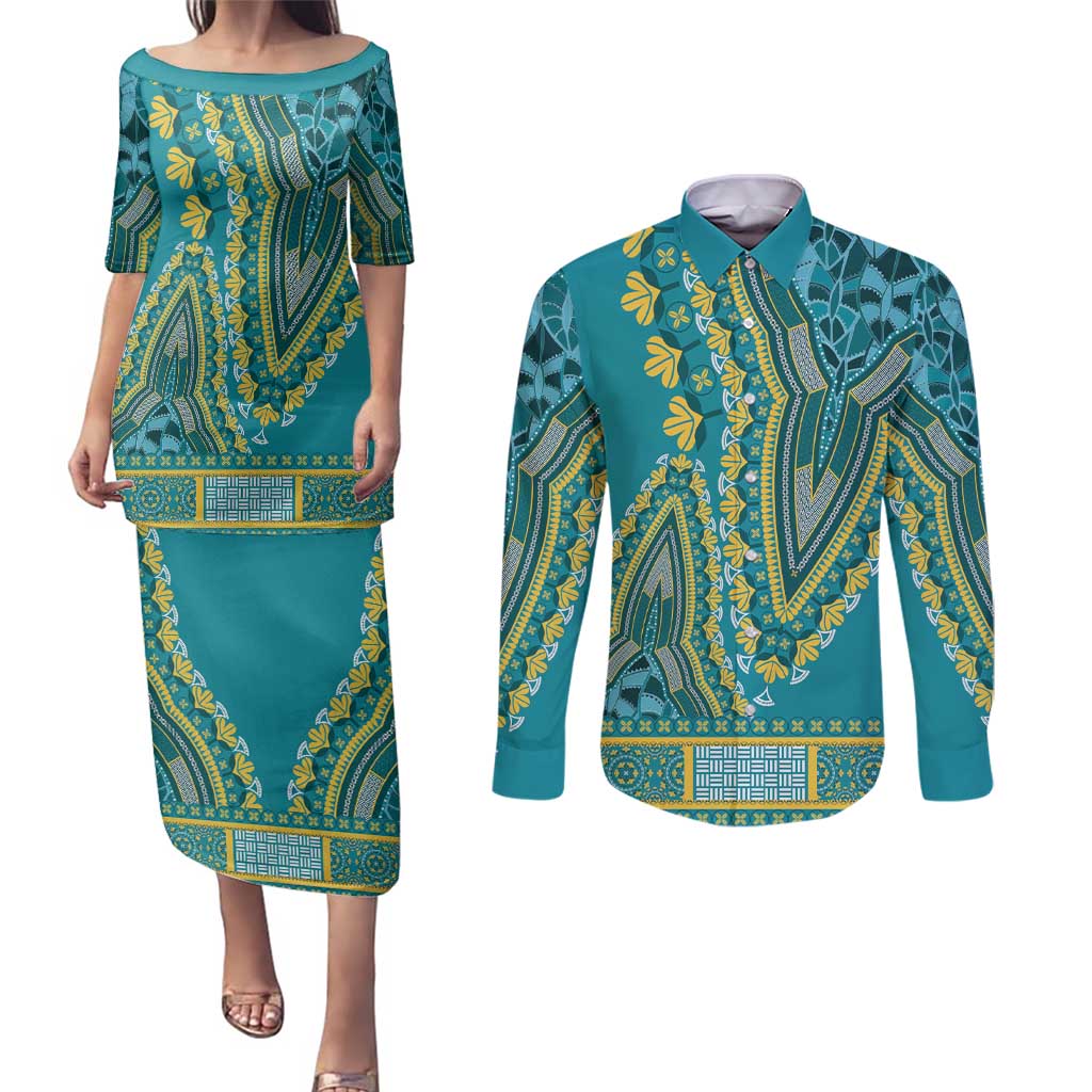 African Dashiki Couples Matching Puletasi and Long Sleeve Button Shirt Luxury Teal LT7 - Wonder Print Shop