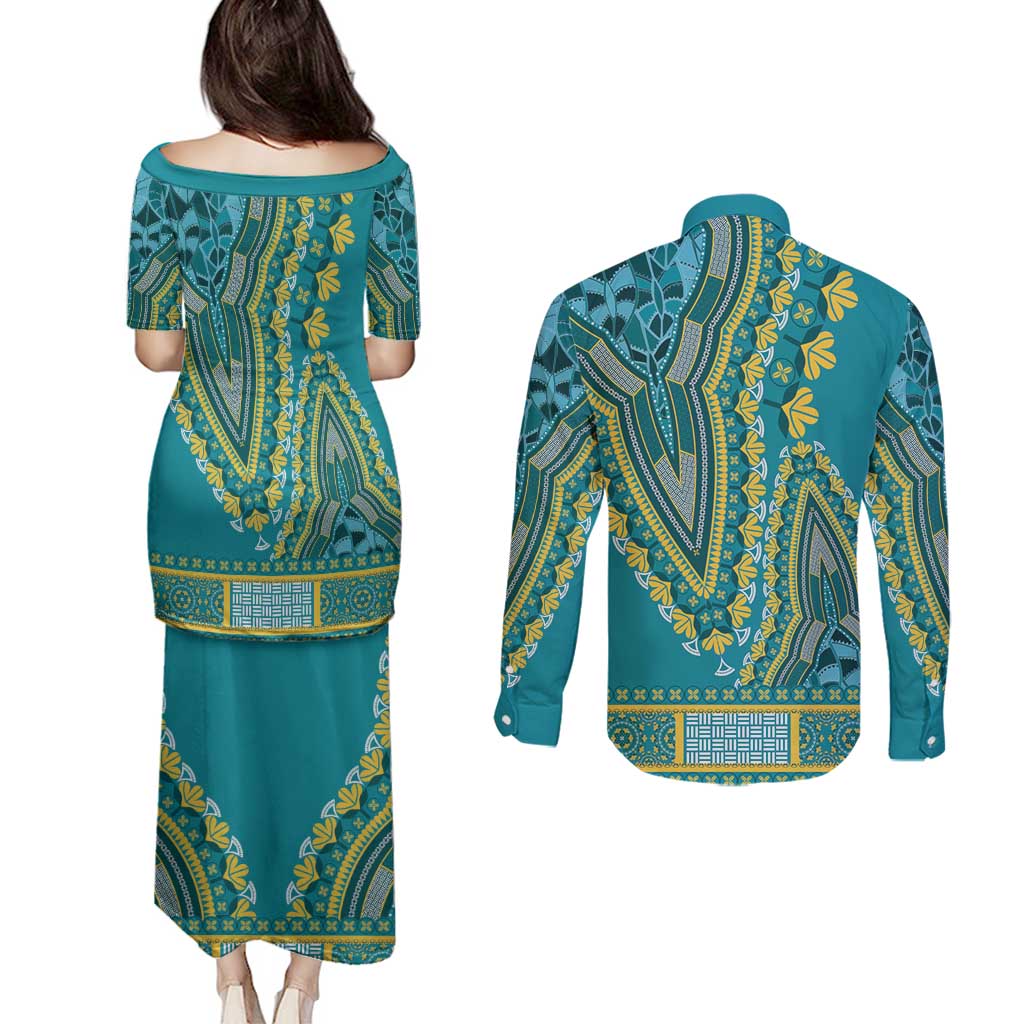 African Dashiki Couples Matching Puletasi and Long Sleeve Button Shirt Luxury Teal LT7 - Wonder Print Shop