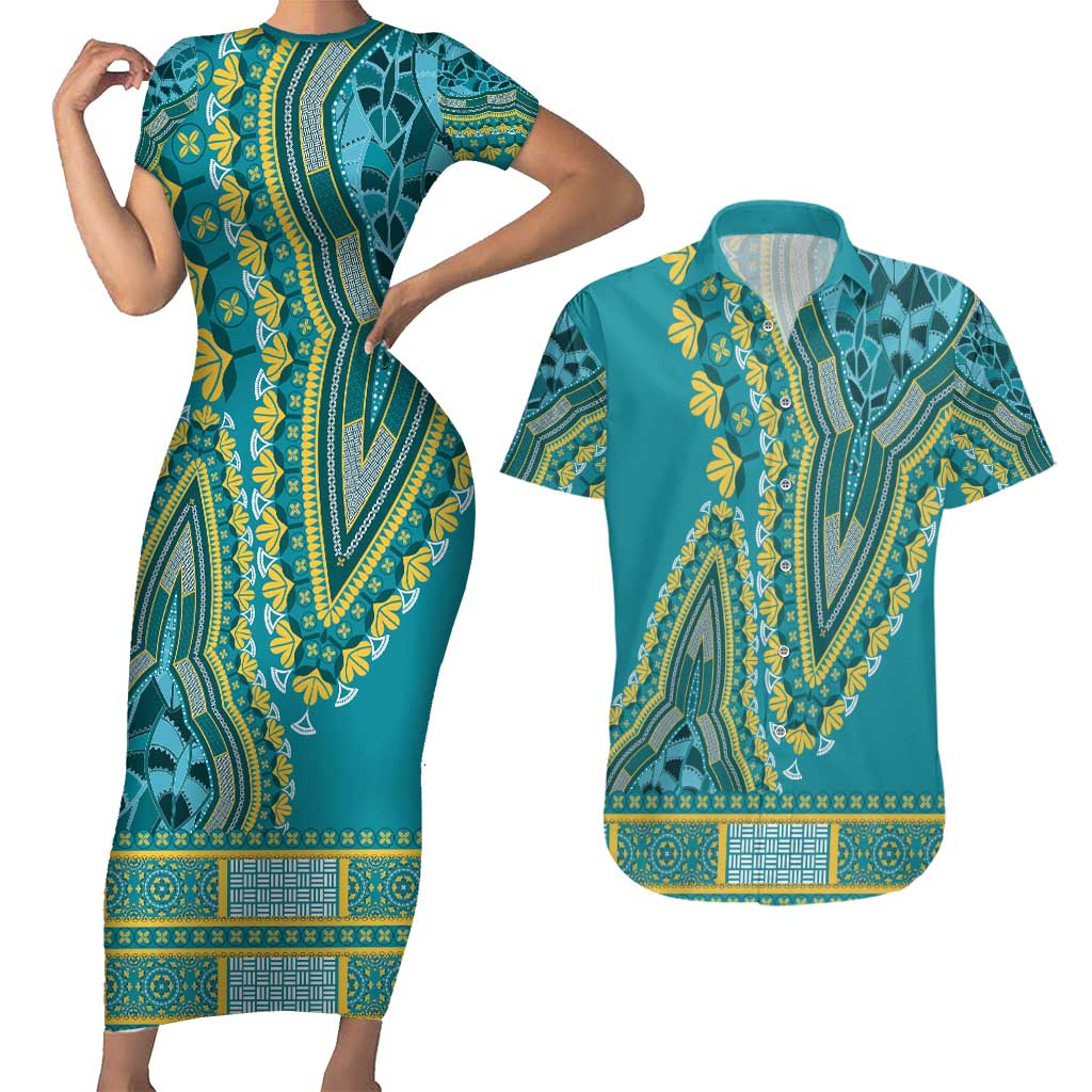 African Dashiki Couples Matching Short Sleeve Bodycon Dress and Hawaiian Shirt Luxury Teal LT7 - Wonder Print Shop