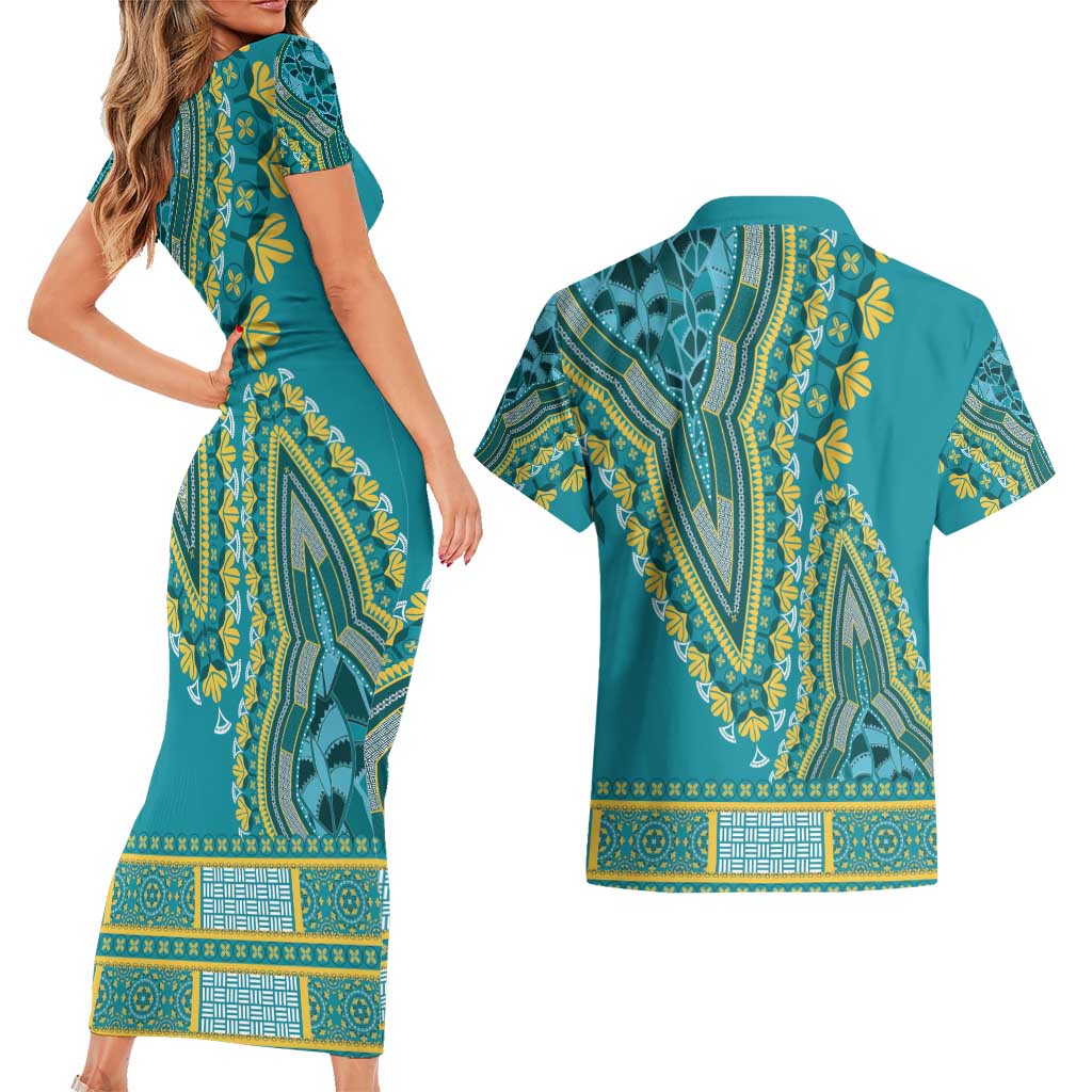 African Dashiki Couples Matching Short Sleeve Bodycon Dress and Hawaiian Shirt Luxury Teal LT7 - Wonder Print Shop