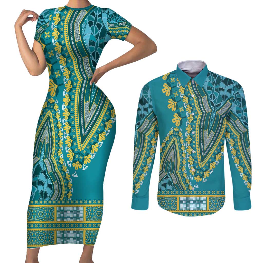 African Dashiki Couples Matching Short Sleeve Bodycon Dress and Long Sleeve Button Shirt Luxury Teal LT7 - Wonder Print Shop