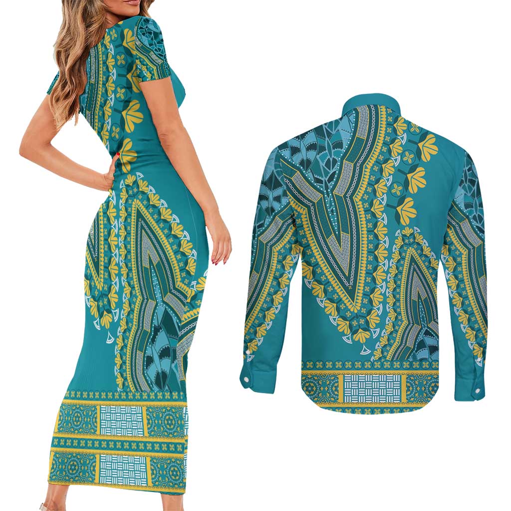 African Dashiki Couples Matching Short Sleeve Bodycon Dress and Long Sleeve Button Shirt Luxury Teal LT7 - Wonder Print Shop