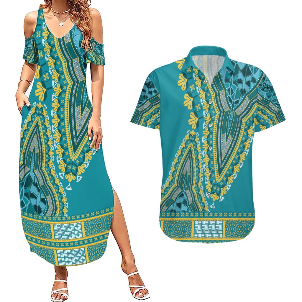 African Dashiki Couples Matching Summer Maxi Dress and Hawaiian Shirt Luxury Teal LT7 - Wonder Print Shop