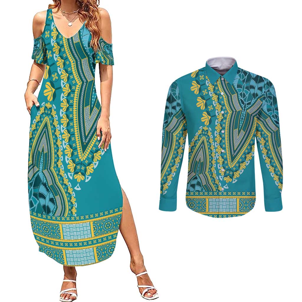 African Dashiki Couples Matching Summer Maxi Dress and Long Sleeve Button Shirt Luxury Teal LT7 - Wonder Print Shop