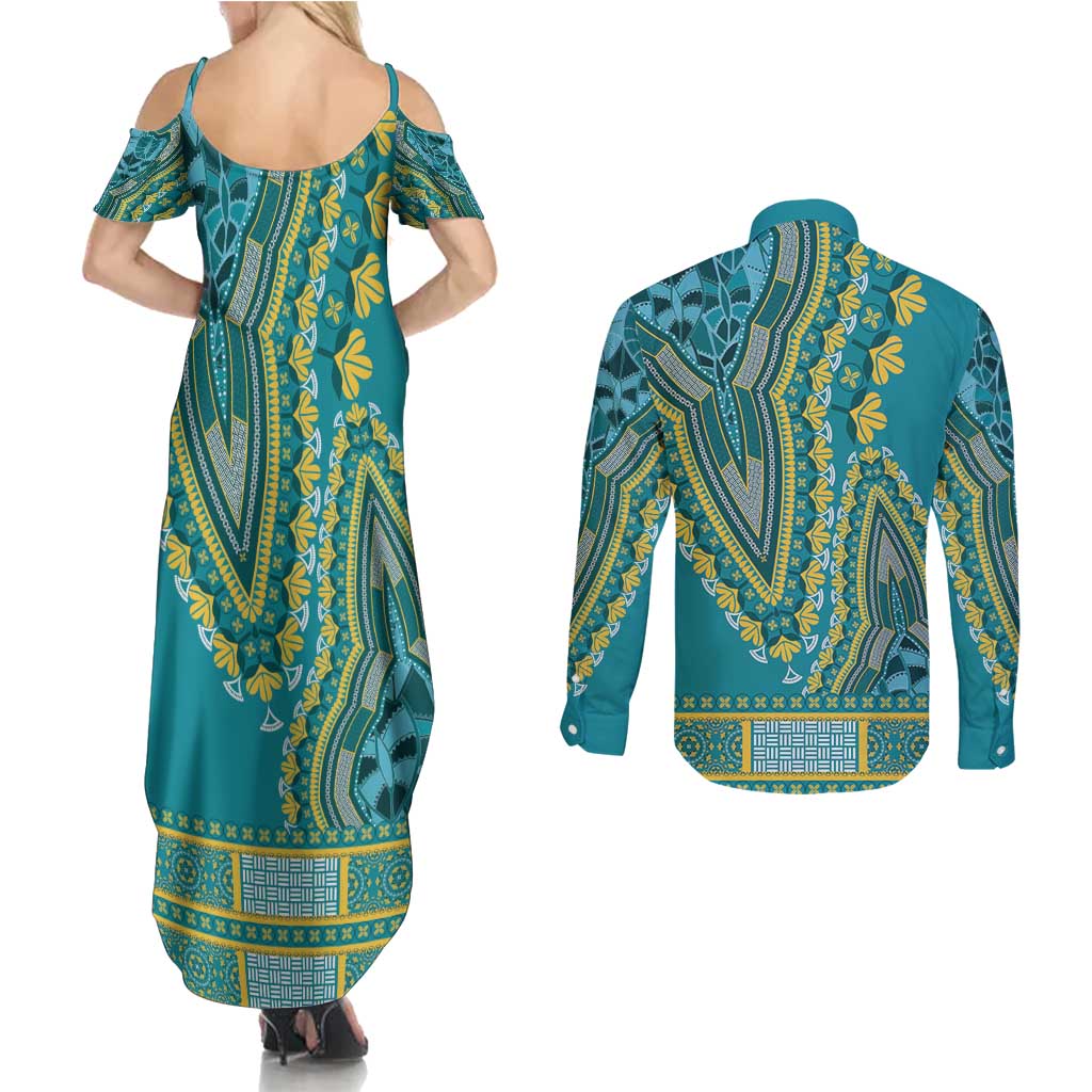 African Dashiki Couples Matching Summer Maxi Dress and Long Sleeve Button Shirt Luxury Teal LT7 - Wonder Print Shop