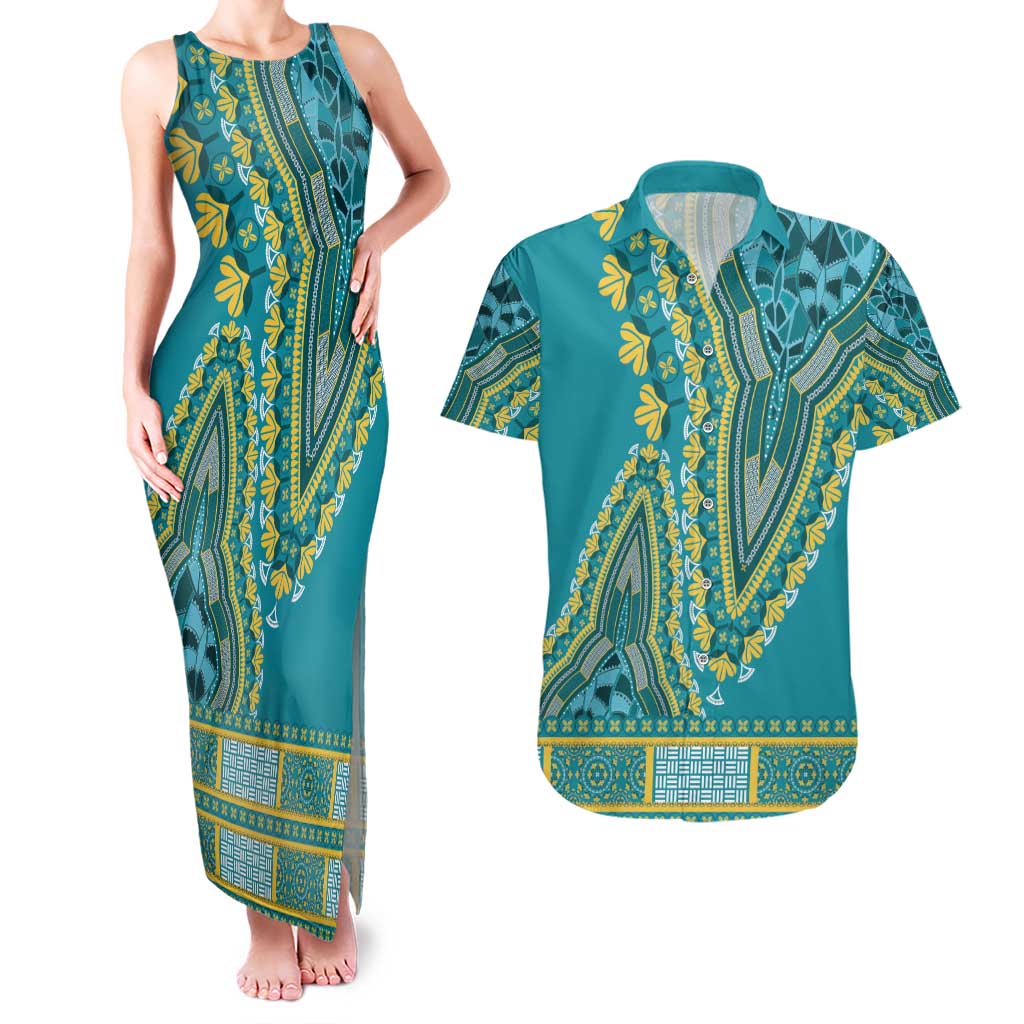 African Dashiki Couples Matching Tank Maxi Dress and Hawaiian Shirt Luxury Teal LT7 - Wonder Print Shop