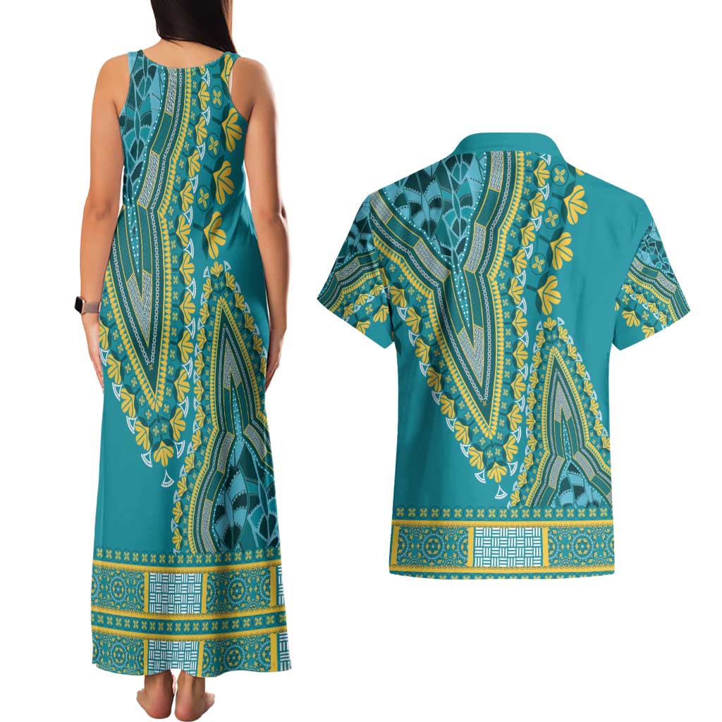 African Dashiki Couples Matching Tank Maxi Dress and Hawaiian Shirt Luxury Teal LT7 - Wonder Print Shop