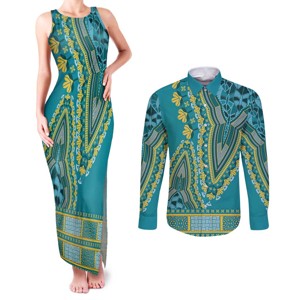 African Dashiki Couples Matching Tank Maxi Dress and Long Sleeve Button Shirt Luxury Teal LT7 - Wonder Print Shop