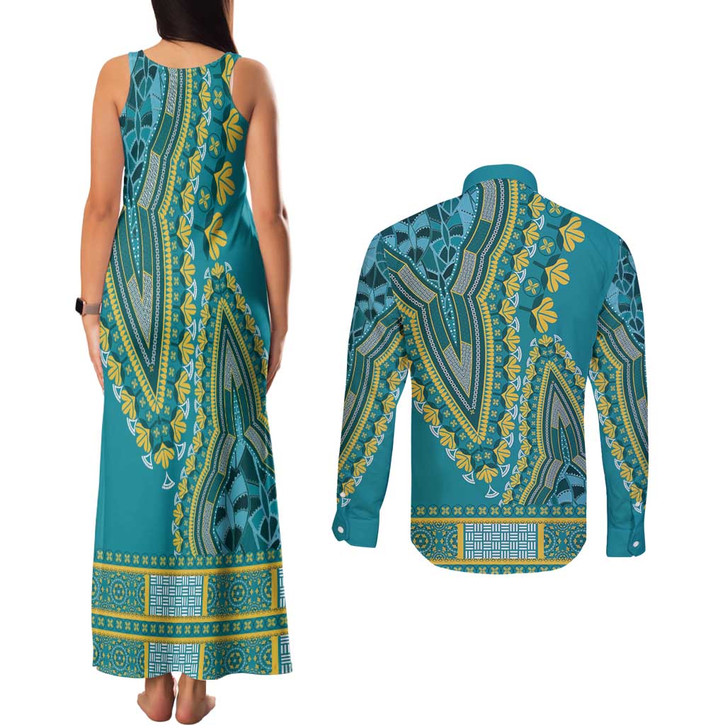 African Dashiki Couples Matching Tank Maxi Dress and Long Sleeve Button Shirt Luxury Teal LT7 - Wonder Print Shop