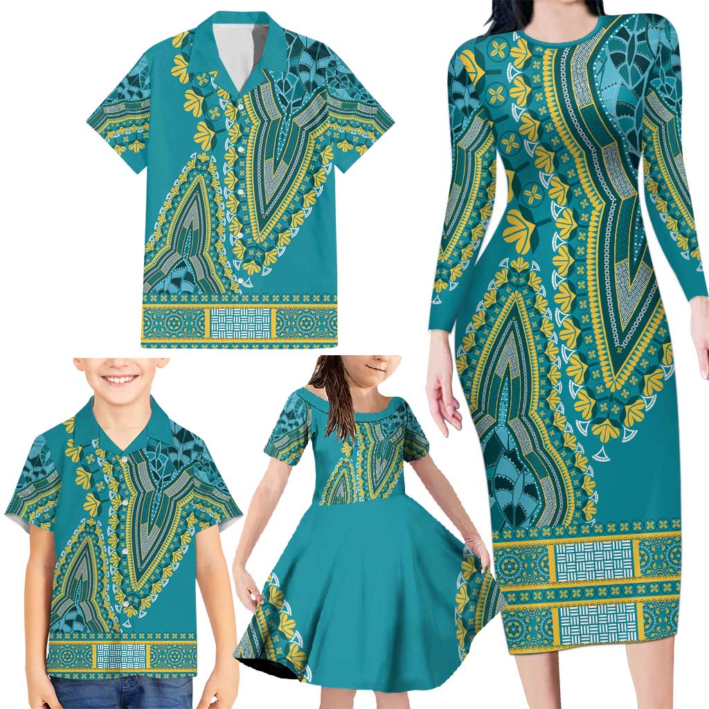 African Dashiki Family Matching Long Sleeve Bodycon Dress and Hawaiian Shirt Luxury Teal LT7 - Wonder Print Shop