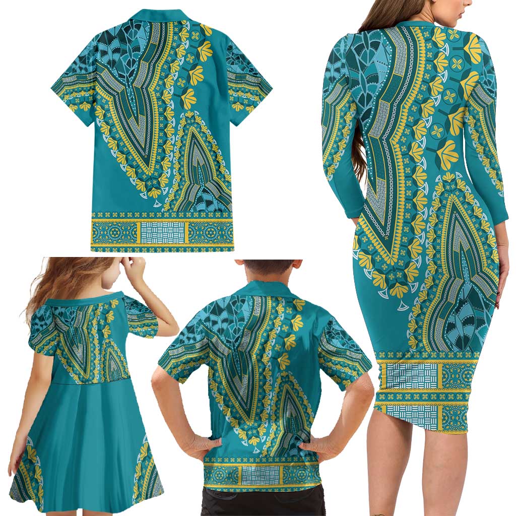 African Dashiki Family Matching Long Sleeve Bodycon Dress and Hawaiian Shirt Luxury Teal LT7 - Wonder Print Shop