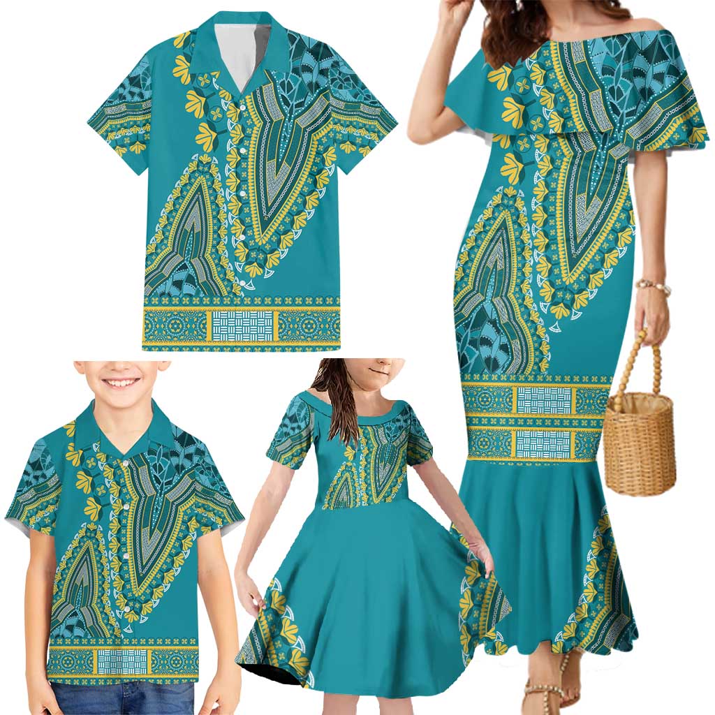 African Dashiki Family Matching Mermaid Dress and Hawaiian Shirt Luxury Teal LT7 - Wonder Print Shop