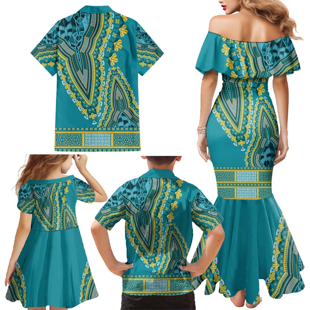 African Dashiki Family Matching Mermaid Dress and Hawaiian Shirt Luxury Teal LT7 - Wonder Print Shop