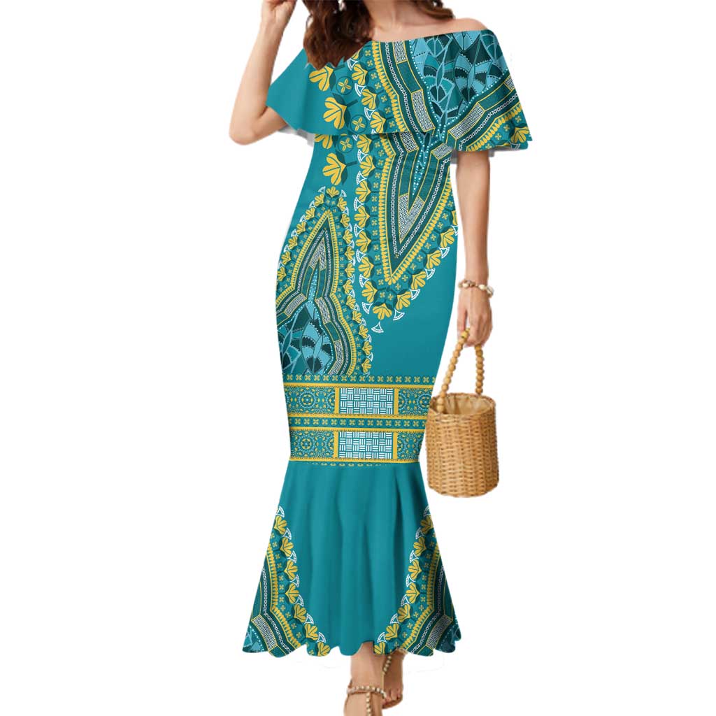 African Dashiki Family Matching Mermaid Dress and Hawaiian Shirt Luxury Teal LT7 - Wonder Print Shop