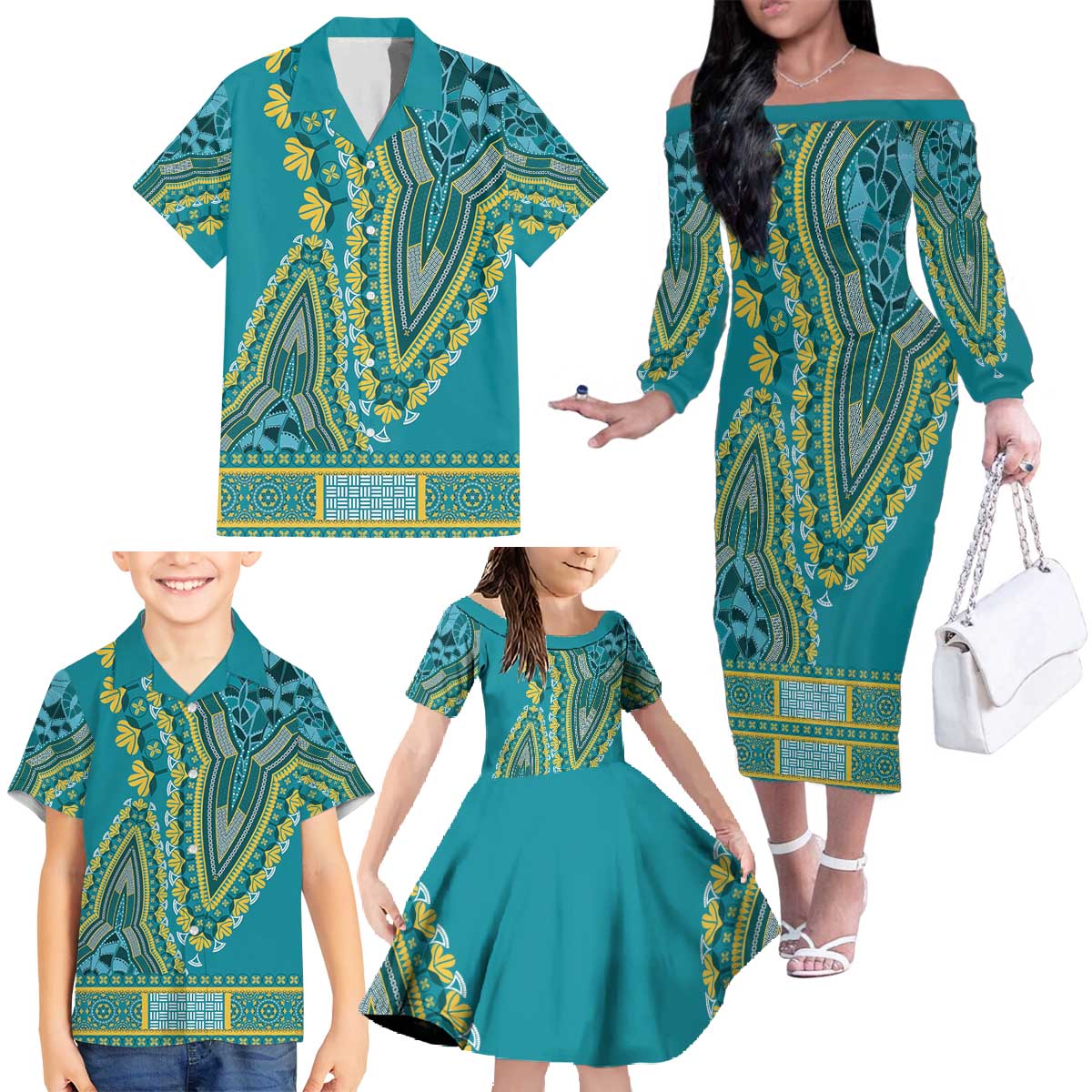 African Dashiki Family Matching Off The Shoulder Long Sleeve Dress and Hawaiian Shirt Luxury Teal - Wonder Print Shop