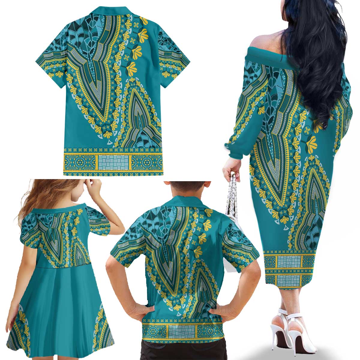 African Dashiki Family Matching Off The Shoulder Long Sleeve Dress and Hawaiian Shirt Luxury Teal - Wonder Print Shop