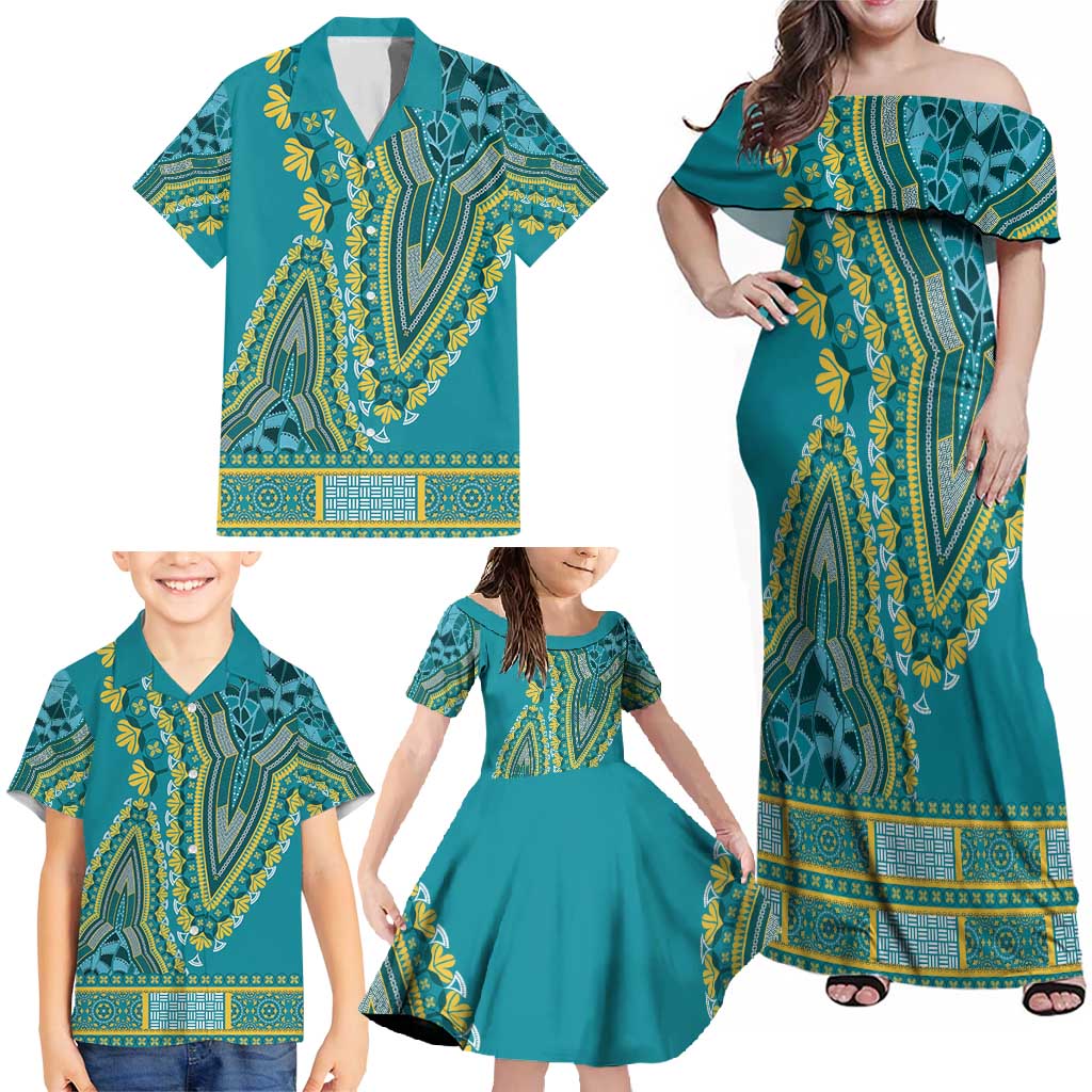 African Dashiki Family Matching Off Shoulder Maxi Dress and Hawaiian Shirt Luxury Teal LT7 - Wonder Print Shop