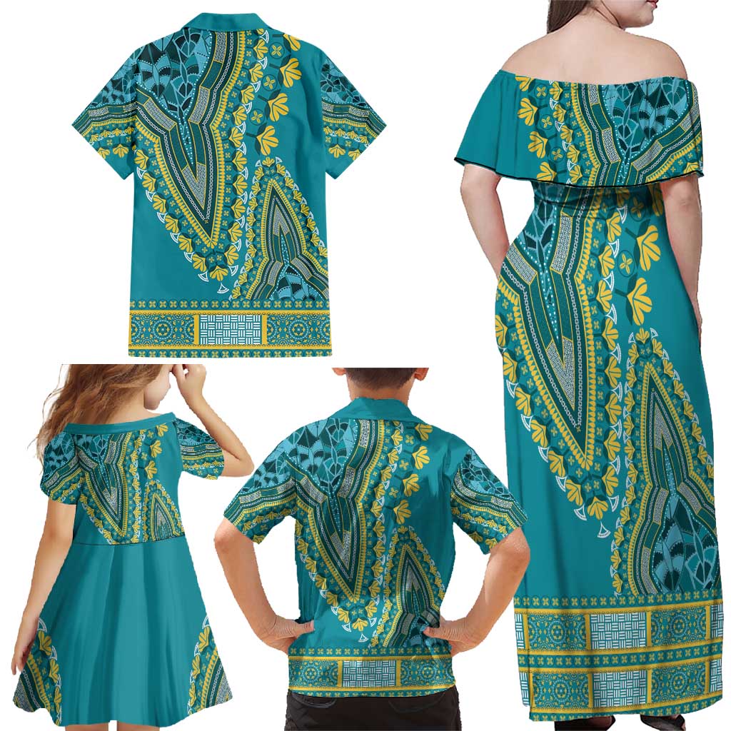 African Dashiki Family Matching Off Shoulder Maxi Dress and Hawaiian Shirt Luxury Teal LT7 - Wonder Print Shop