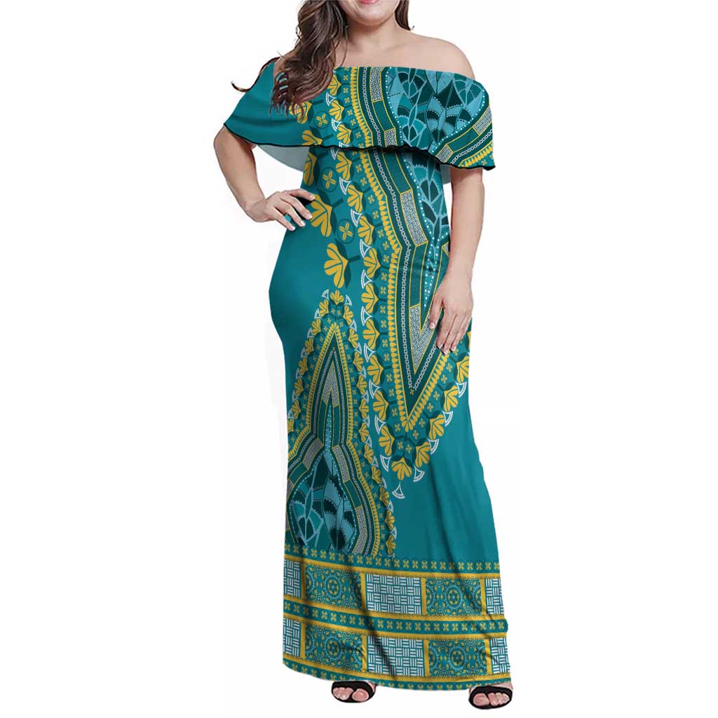 African Dashiki Family Matching Off Shoulder Maxi Dress and Hawaiian Shirt Luxury Teal LT7 - Wonder Print Shop