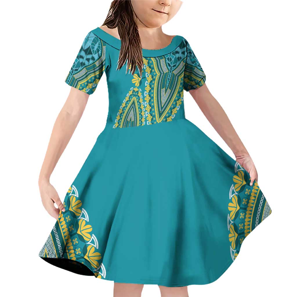 African Dashiki Family Matching Off Shoulder Short Dress and Hawaiian Shirt Luxury Teal LT7 - Wonder Print Shop