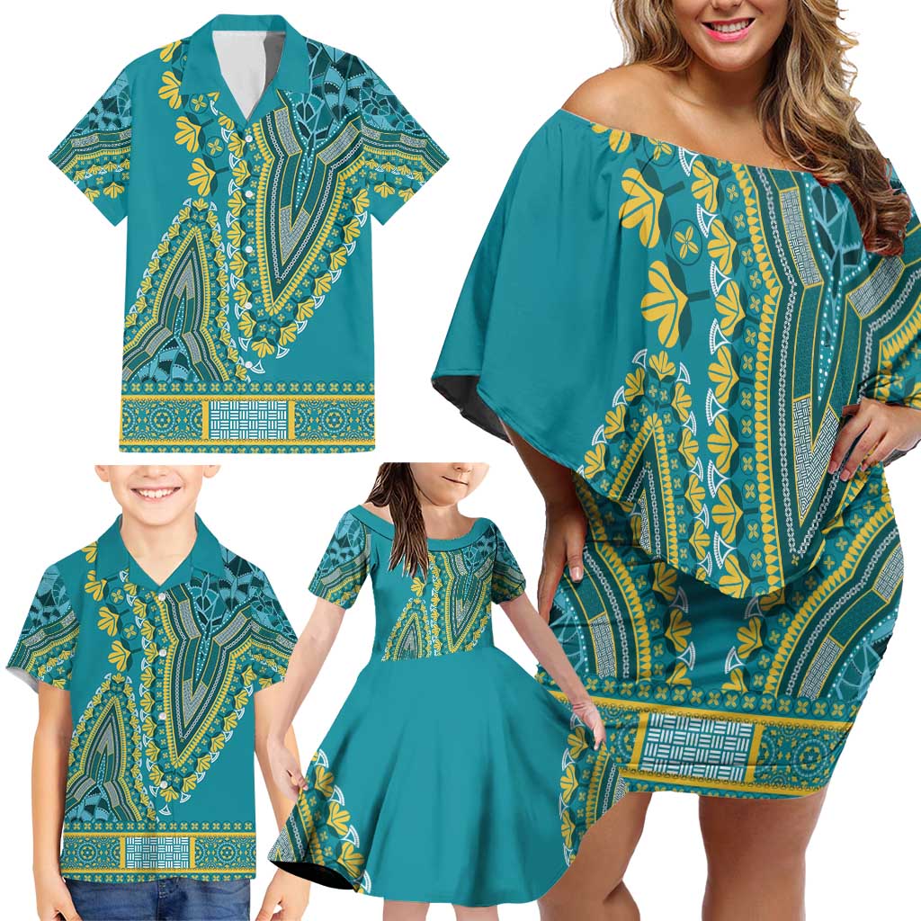 African Dashiki Family Matching Off Shoulder Short Dress and Hawaiian Shirt Luxury Teal LT7 - Wonder Print Shop