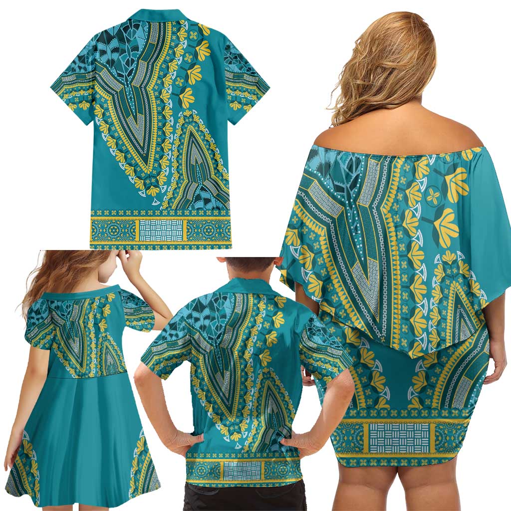 African Dashiki Family Matching Off Shoulder Short Dress and Hawaiian Shirt Luxury Teal LT7 - Wonder Print Shop