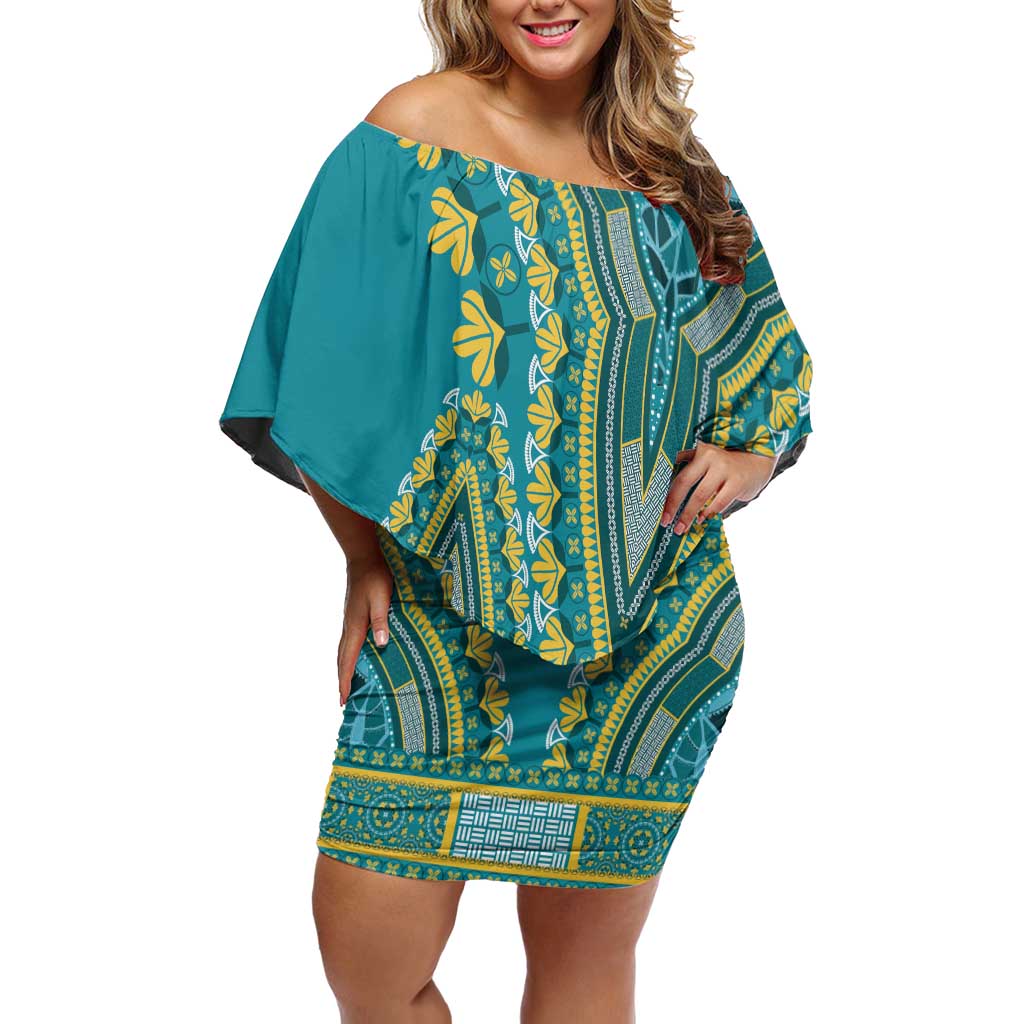 African Dashiki Family Matching Off Shoulder Short Dress and Hawaiian Shirt Luxury Teal LT7 - Wonder Print Shop