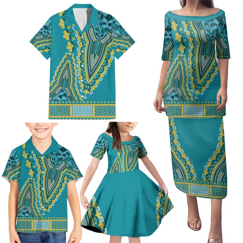 African Dashiki Family Matching Puletasi and Hawaiian Shirt Luxury Teal - Wonder Print Shop
