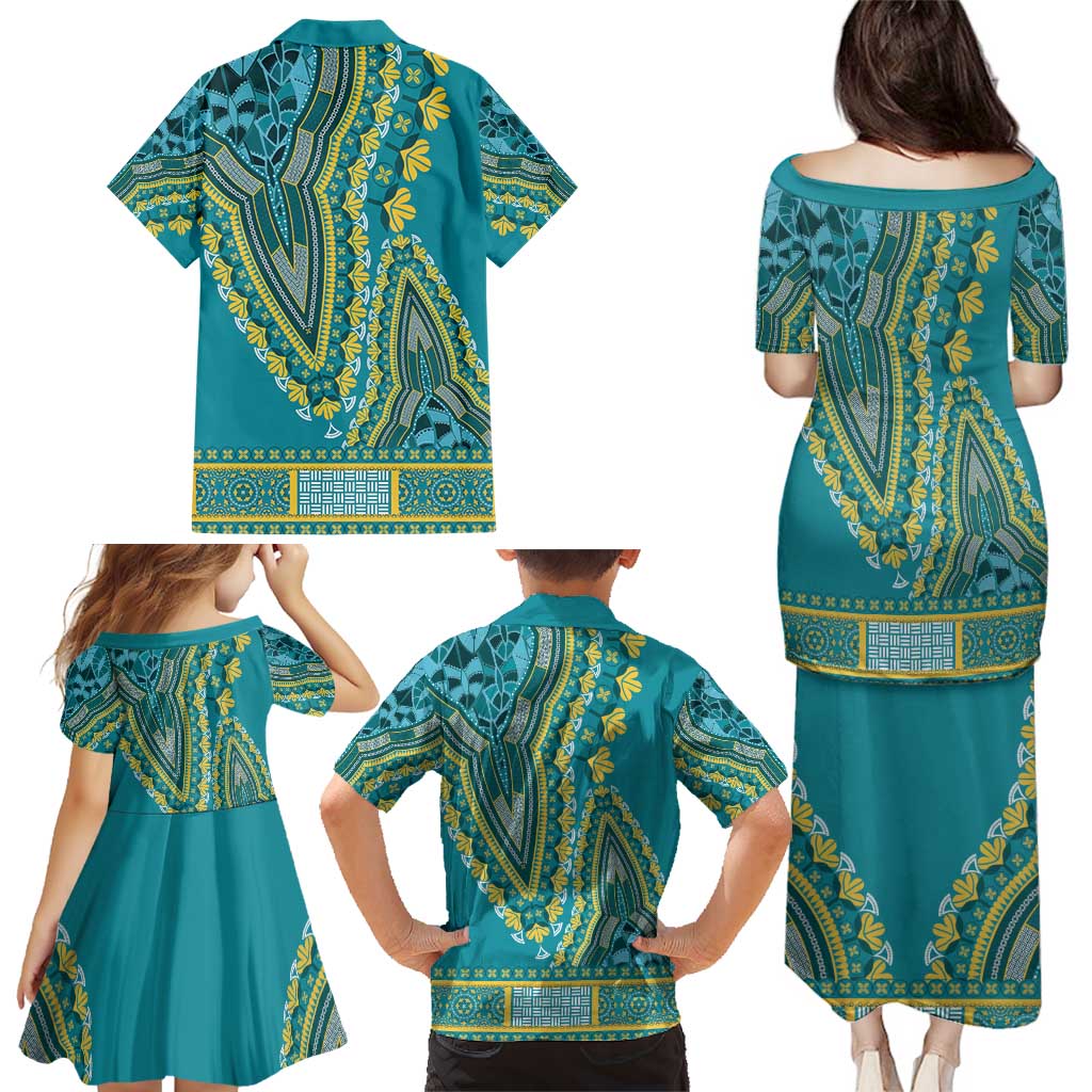 African Dashiki Family Matching Puletasi and Hawaiian Shirt Luxury Teal - Wonder Print Shop